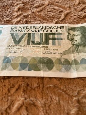 Vintage Vijf Gulden Banknote - Green Netherlands Currency